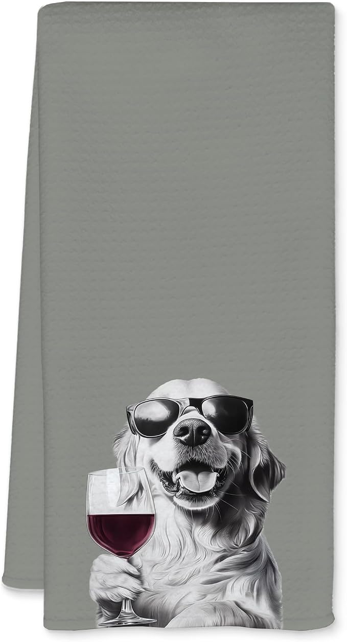 Golden Retriever Decor Kitchen Towels, Golden Retriever Gift Dish Tea Towel for Kitchen Decor, Bar Towels for Bartender, Wine Lover Gifts, 16x24 Inch (Green)