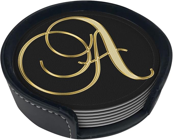 Famame 6 Pcs Shiny Letter A Gold Print Leather Coasters for Drinks with Holder Coaster Sets Drink Table Cup Coasters for Living Room Kitchen Coffee Decor