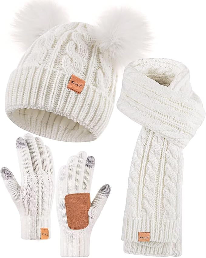 Winter Hat Scarf Glove Set for Women, Fleece Lined Beanie with Double Pom Pom, Touchscreen Gloves Knit Scarf for Cold Weather