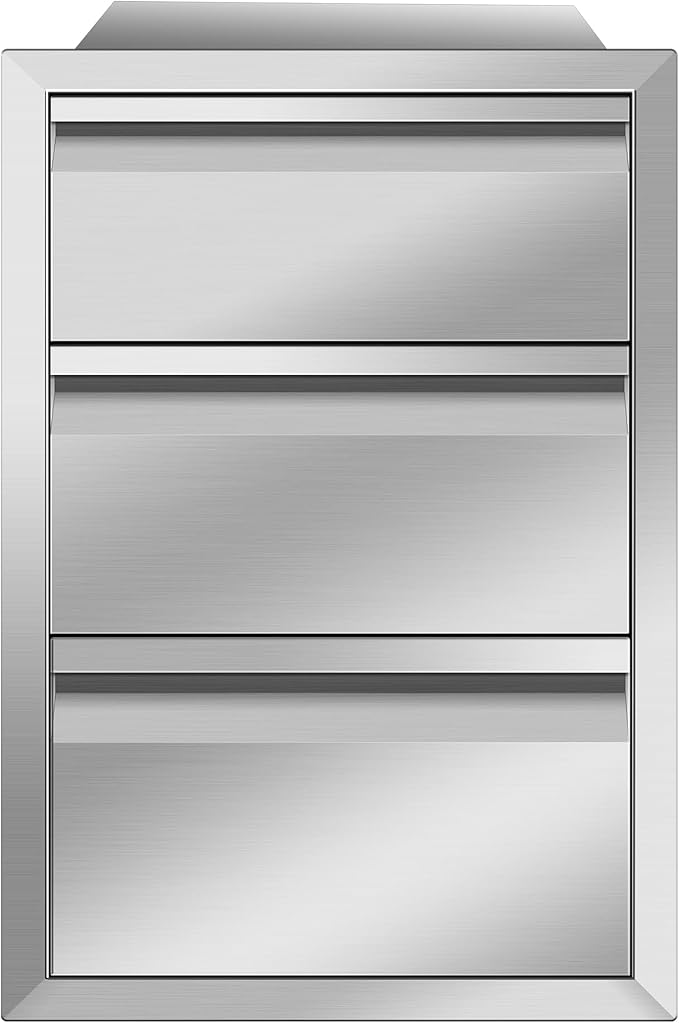 Outdoor Kitchen Drawers Stainless Steel 14W X 21H X 23D Inch, Flush Mount Triple BBQ Island Drawers with Hidden Handle for Outdoor Kitchens, Patio or Grill Station