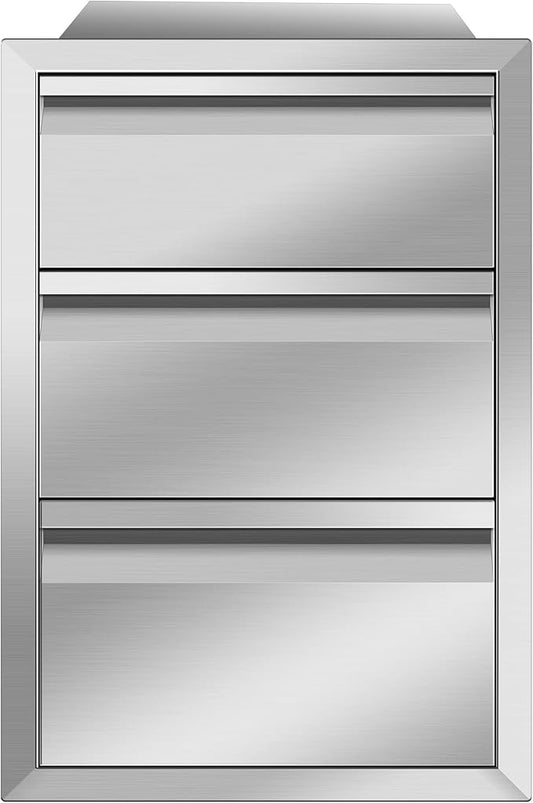 Outdoor Kitchen Drawers Stainless Steel 14W X 21H X 23D Inch, Flush Mount Triple BBQ Island Drawers with Hidden Handle for Outdoor Kitchens, Patio or Grill Station