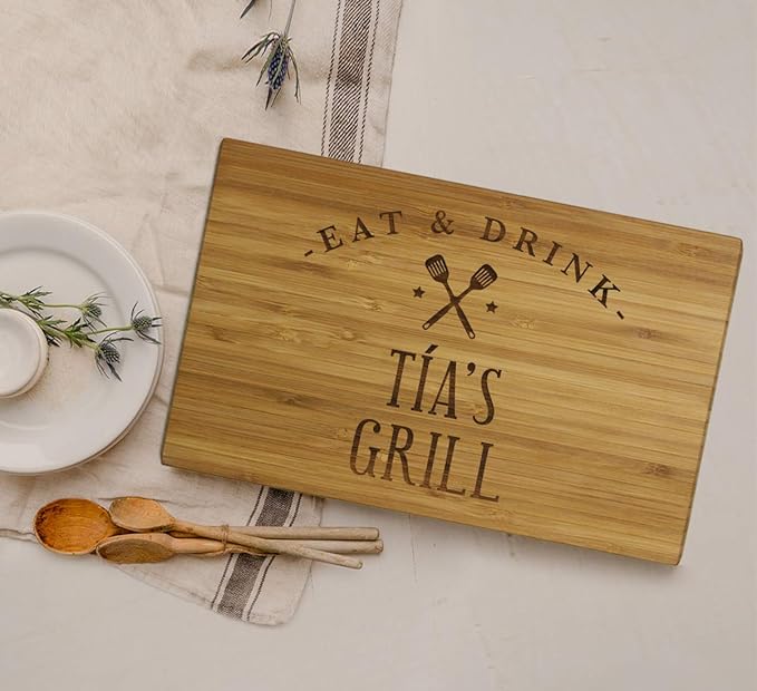 Andaz Press Large Bamboo Wood BBQ Cutting Board Gift, 17.75 x 11-inch, Tía's Grill, 1-Pack, Laser Engraved Serving Chopping Board Christmas Birthday Chef Kitchen Ideas