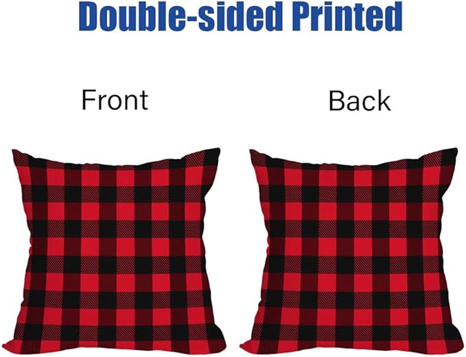 Fukeen 2 Pack Waterproof Outdoor Christmas Pillow Covers 22x22 Inch Red and Black Buffalo Plaids Checked Throw Pillow Cases New Year Winter Farmhouse Decorations Cushion Cover Double Sided