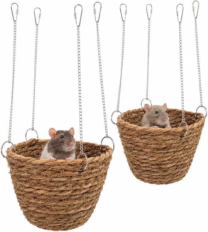 2 Pack Rat Hammock for Cage, Natural Grass Woven Hanging Basket Beds with Adjustable Chains, Pet Rat Cage Accessories for Resting, Perching and Enrichment, 6.3 in