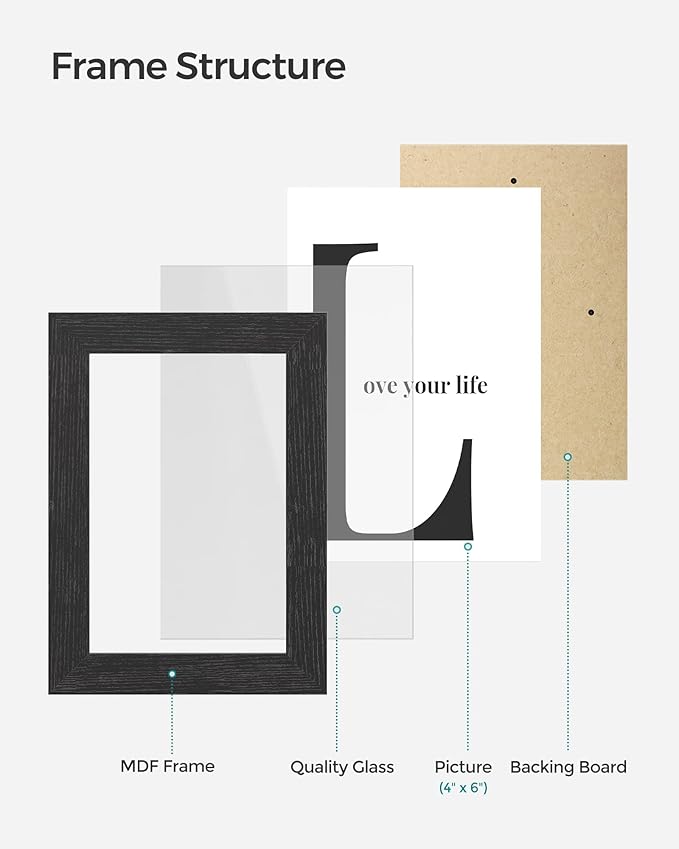 SONGMICS 4x6 Collage Picture Frames, Family Photo Collage Frame Set of 4 for Wall Decor, Glass Front, Wall Hanging or Tabletop, Christmas Gift, Ink Black URPF25BK