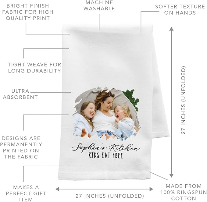 Andaz Press Personalized Kitchen Towel, Flour Sack Tea Towel, Custom Name Kitchen Gifts Custom Photo Design Kids Eat Free Birthday for Mom Daughter, Housewarming Gift, Kitchen Decor