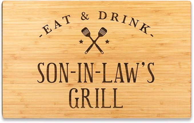 Andaz Press Large Bamboo Wood BBQ Cutting Board Gift, 17.75 x 11-inch, Son-In-Law's Grill, 1-Pack, Laser Engraved Serving Chopping Board Christmas Birthday Chef Kitchen Ideas