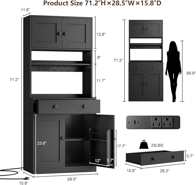 Korfile 71" Tall Kitchen Pantry Storage Cabinet with Power Outlet & LED Light, Freestanding Food Pantry Cabinet with 4 Doors and Shelves, Cupboard with Drawer, Hutch with Microwave Stand (Black)