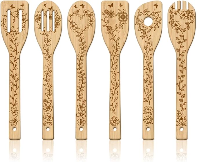 GLOBLELAND 6Pcs Leaves and Flowers Bamboo Cooking Utensils Lilies Roses Daisies Engraved Wooden Cooking Spoons Spatula Set for Women and Men Wood Cooking Spoon for Kitchen House Warming Gift