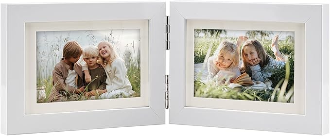 Double Hinged 4X6 Picture Frame with Real Glass-Tabletop or Wall Mounted, Display for 3X5 & 4X6 Photos (with/without Mat)-Matte White, For Family Photos & Wedding Memories-B64X2