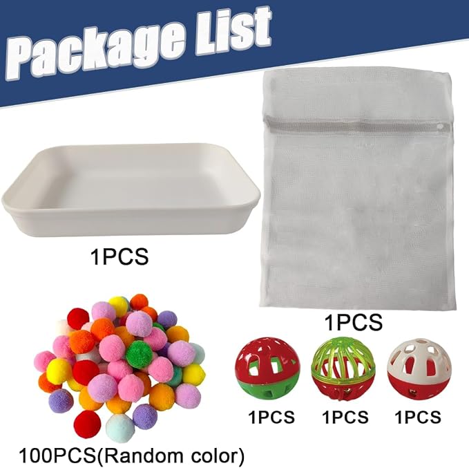Hedgehog Dig Box Enrichment Cage Accessories, Funny Dig Box Toys, Interactive Foraging Tray with Laundry Bag, 3 Bell Balls & 100 Colorful Pom Poms, for Hedgehogs, Hamsters, Ferrets, Kittens