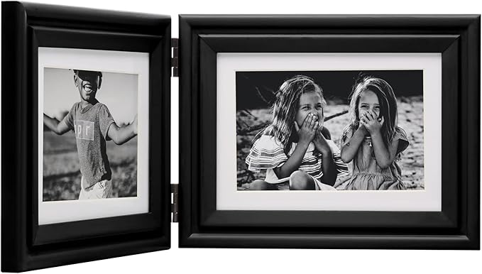 Horizontal 5X7 Picture Frames Double Hinged Wood Folding Photo Frames with Real Glass Front Fit for Desktop or Tabletop Display Pictures 4x6 with Mat or 5x7 Without Mat, Black XHEI-H75X2