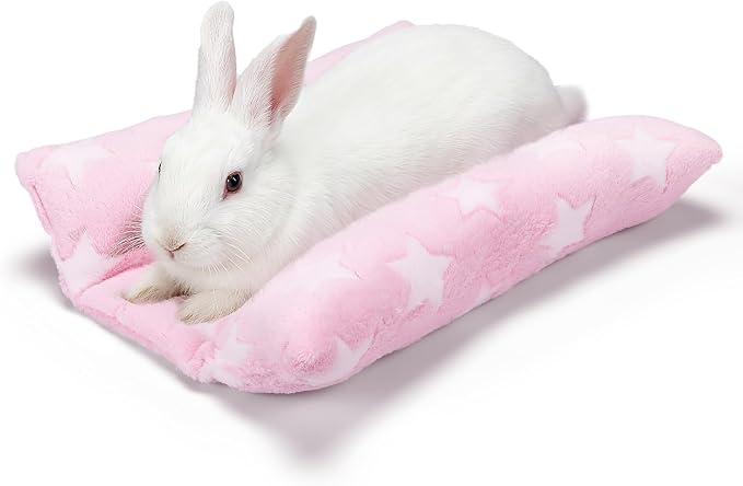 MEWTOGO 15.7" x 14" Bunny Bed for Rabbit Cage, Thickened & Soft | Prevent Sore Hocks Plush Mat with Cotton Lounger Pillows, Small Animal Flop Mat for Hutch Sleeping Indoor, Pink-Star