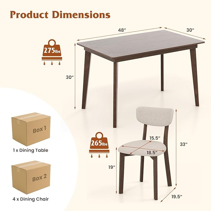 GOFLAME 5-Piece Dining Table Set for 4, Farmhouse Kitchen Table & 4 Upholstered Chairs with Rubber Wood Frame, Padded Seat, Curved Backrest, Space-Saving Dinette Set for Dining Room, Small Space
