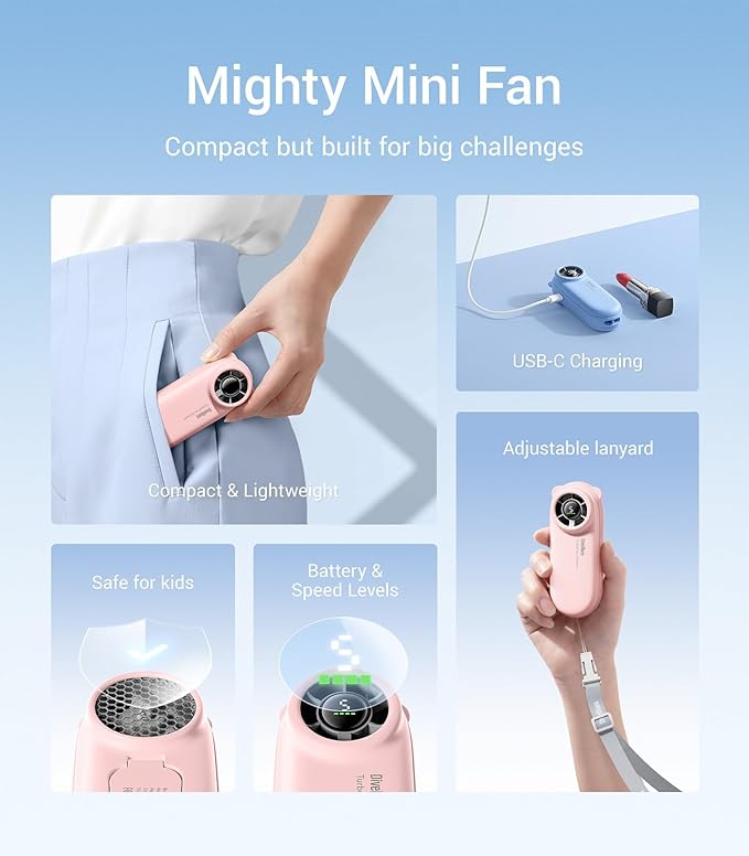 Diveblues TurboBear Portable Handheld Turbo Fan, 5 Gear Wind, Travel Essentials, Small Hand Held Fan Rechargeable, Mini Personal Fans Cooling, Battery Powered, Pocket Cute Gifts Women