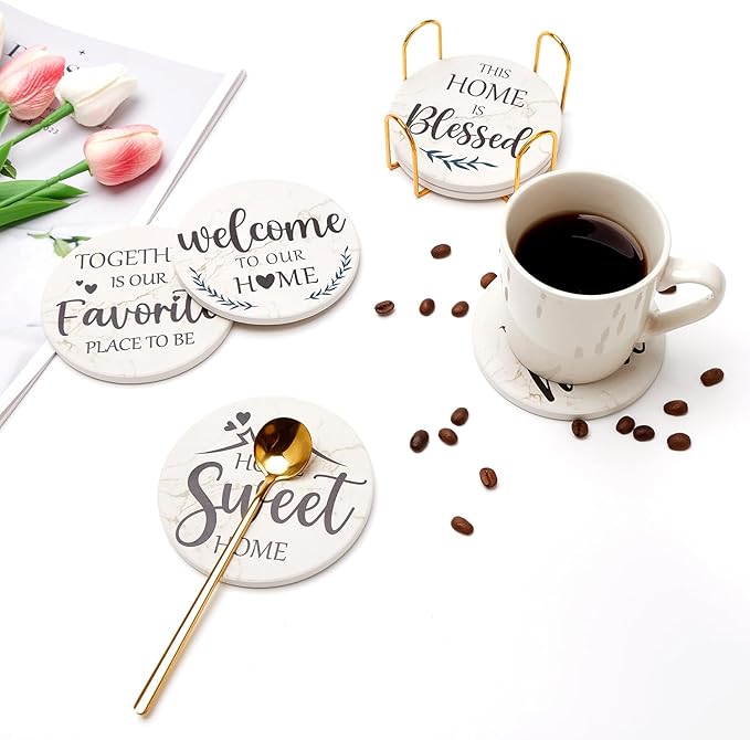 Housewarming Gifts for New Home Coasters Farmhouse Coffee Table Decor Set of 6 Pack Ceramic Cup Coaster Modern House Warming Gift Decorations Coster Cute Marble Drink Coasters Set
