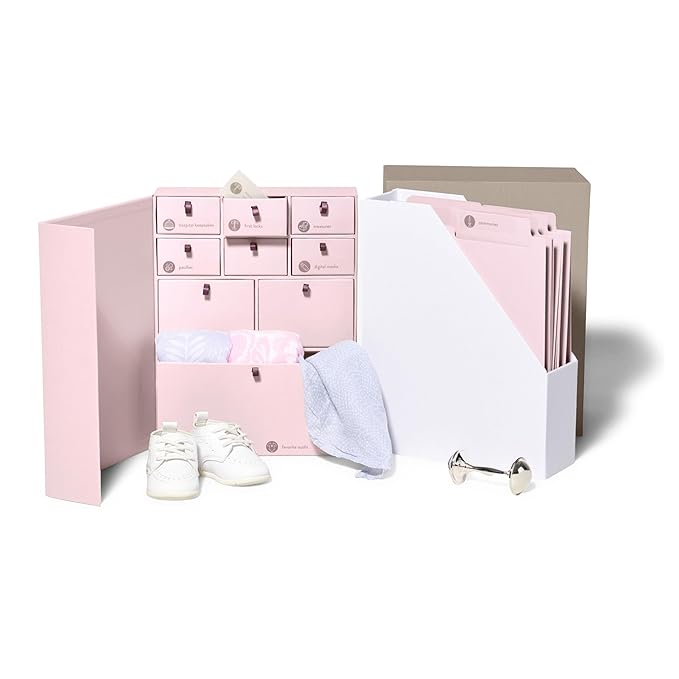 Savor I Baby Deluxe Box | Acid-Free Newborn Keepsake & Memory Organizer with 52 Labels, 9 Drawers, 8 File Folders | Gift for Pregnancy, Mother’s Day, Baby Shower, Pink, No Customization