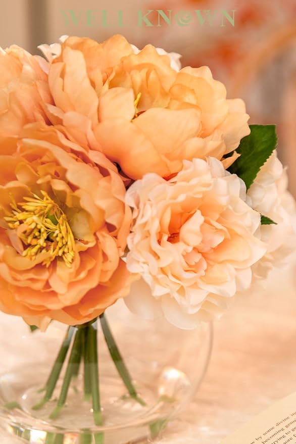 Artificial Flowers in Vase, Silk Peonies Flowers for vase with Faux Water for Coffee Table Decor, Fake Flower Arrangements Thanksgiving Fall Winter Dinning Table Centerpieces & Gift (Apricot & Nude)