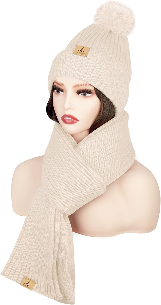 LOROME Women Winter Beanie Hat Scarf Gloves Set, Fleece Knitted Pompom Hat Warm Neck Scarf Touchscreen Gloves Winter Gift