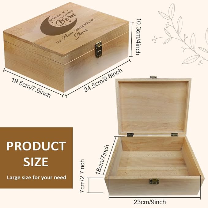 arricraft 1 Pc Wooden Memory Keepsake Box, Moon Pattern Souvenir Box with Hinged Lids for Newborn Girls Boys Storage Box Keepsake to Store Photos, Letters and Valuables 9.6x7.6x4inch