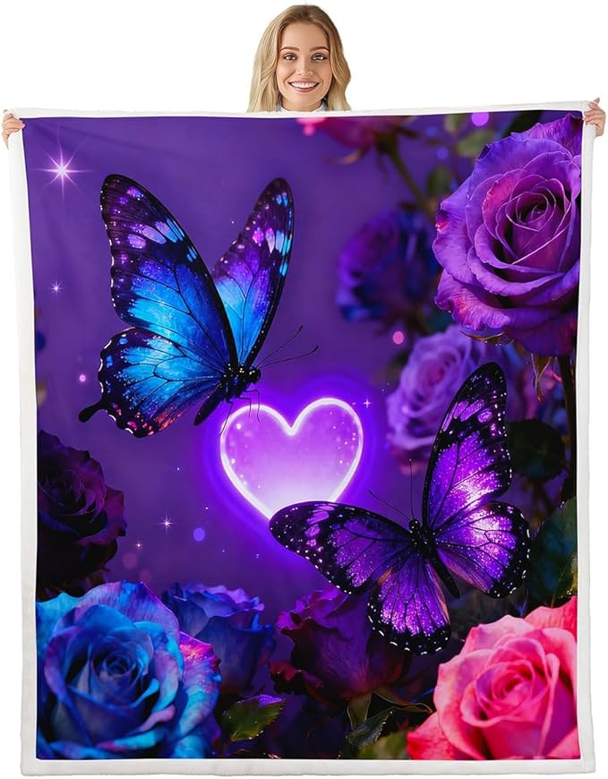 Feelyou Girls Butterfly Fleece Throw Blanket Baby 30"x40" Kids Dreamy Purple Sherpa Blanket Plush Fuzzy for Bed Couch Chair Living Room, Rose Flower Bed Blanket Butterflies Lover Room Decor
