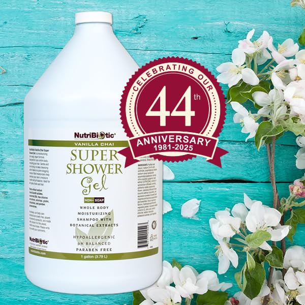 NutriBiotic – Vanilla Chai Super Shower Gel, 1 Gallon (128 Fl Oz) | Whole Body Shampoo with GSE & Botanical Extracts | pH Balanced, Non-Soap & Free of Gluten, Parabens, Sulfates, Dyes & Colorings