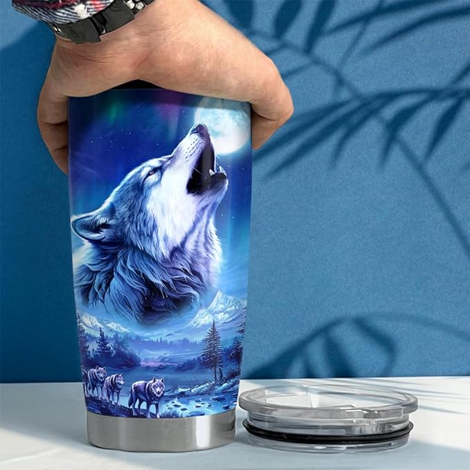 SANDJEST Wolf Tumbler 20oz Stainless Steel Insulated Coffee Cup Tumblers Wolf Gifts for Men Husband Dad Gift for Birthday Christmas Fathers Day