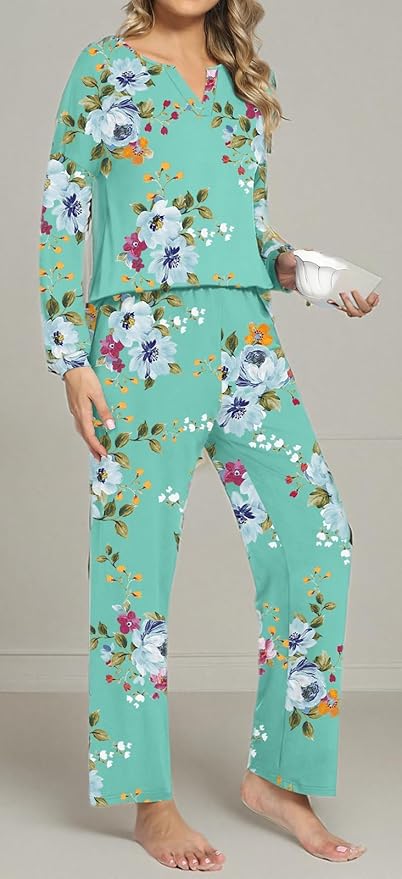 Anyally Women's Plus Size Pajama Sets Ladies Fall Pjs 2 Pieces Lounge Outfits V Neck Long Sleeves Sleepwear with Pockets