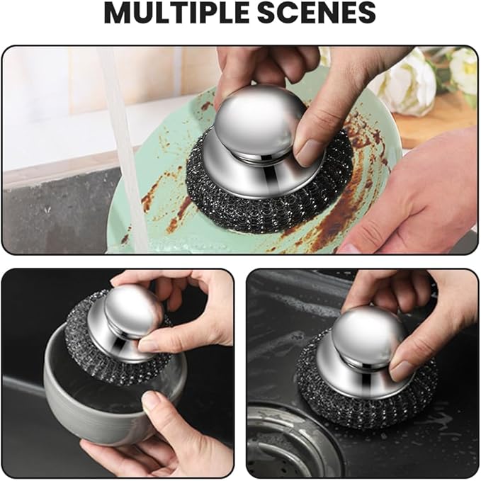 2026 New Steel Wool Scrubber, Stainless Steel Dish Scrubber with Handle for Cleaning Dishes, Iron Pots, Stoves, Wash Sink (3pcs)