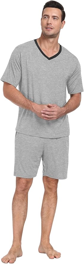 PrinStory Men's Pajama Set Sleepwear Pjs Lightweight Quick Dry Short Sleeve V-Neck Shirts and Shorts Soft Comfy Sleep Sets