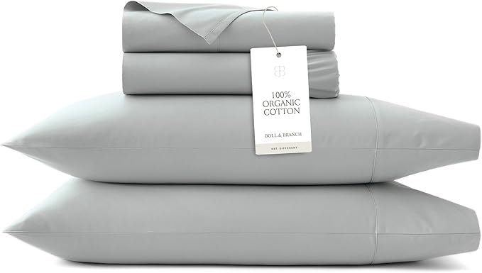 BOLL & BRANCH Percale Hemmed Sheet Set - Cooling Breathable Bed Sheets for Hot Sleepers - Twin, Shore - Luxury 100% Organic Cotton - 1 Flat, 1 Fitted, 2 Pillowcases
