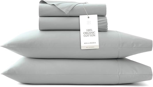 BOLL & BRANCH Percale Hemmed Sheet Set - Cooling Breathable Bed Sheets for Hot Sleepers - King, Shore - Luxury 100% Organic Cotton - 1 Flat, 1 Fitted, 2 Pillowcases