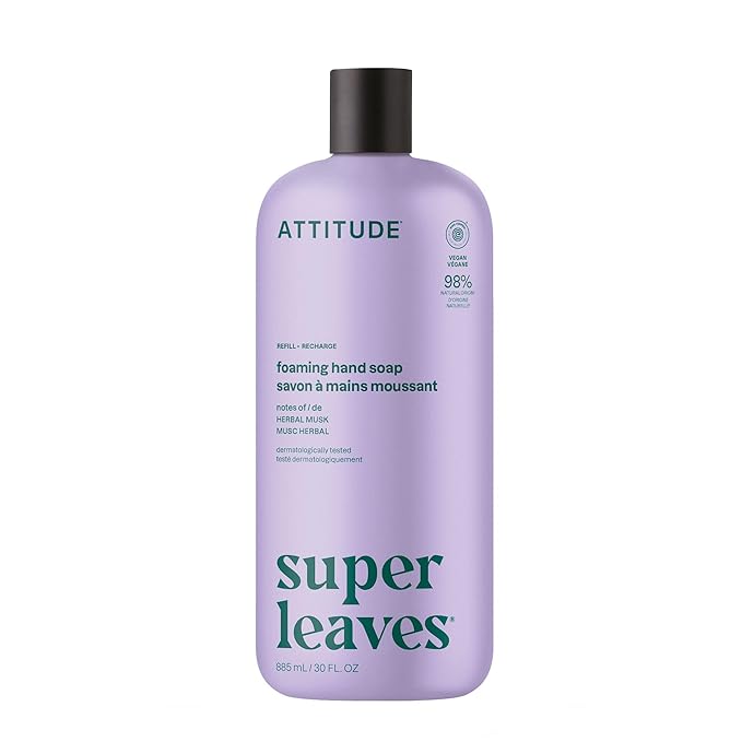 ATTITUDE Foaming Hand Soap Refill, EWG Verified, Natural & Plant-Based Hand Wash, Gentle & Moisturizing, Vegan, Herbal Musk Scent, 30 Fl Oz