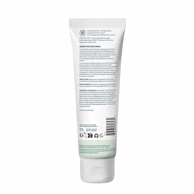 ATTITUDE Body Cream for Sensitive Skin with Oat, EWG Verified, Dermatologically Tested, Vegan, Fresh Apple Scent, 8 Fl Oz