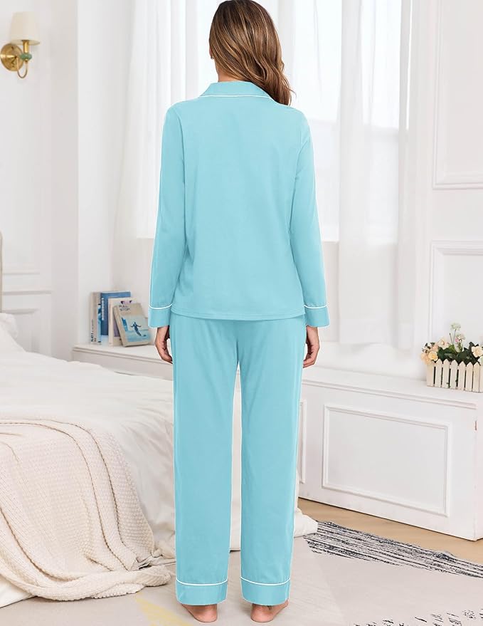 Veseacky 100% Cotton Pajamas for Women Set Long Sleeve Button Down Sleepwear Soft Pjs Lounge Sets with Pockets S-XXL