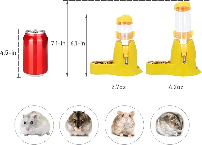 Wontee 3 in 1 Hamster Water Bottle with Food Bowl Hideout Base 125ML Yellow | Water dispenser, food container, hideout, stable base, easy to refill, for glass tank/cage, dwarf hamster/mouse/gerbil, 4.2oz