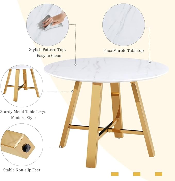 Round Dining Table Set for 4, Modern Kitchen Dining Table Chairs Set for 4, 42" Faux Marble Dining Room Table Set & 4 PU Leather Chairs for Kitchen Living Office Cafe Small Space