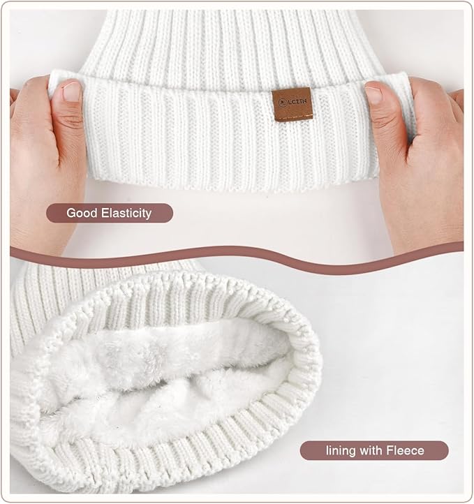 Womens Winter Beanie Hat Gloves Set,Fleece Lined Warm Knit Pom Pom Ski Hat Touchscreen Gloves Set Gifts for Cold Weather