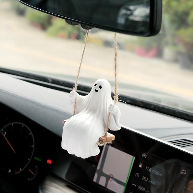 YGMONER Cute Swinging Ghost Car Mirror Hanging Ornament Halloween Car Interior Accessories (Ghost)