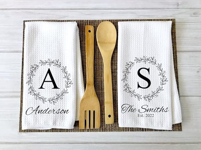 Personalized Kitchen Towel | Custom Tea Towel | Family Name Dish Towel | Kitchen Decor | Hand Towel | Housewarming Gift | Monogram Dishcloth (Wreath 5)