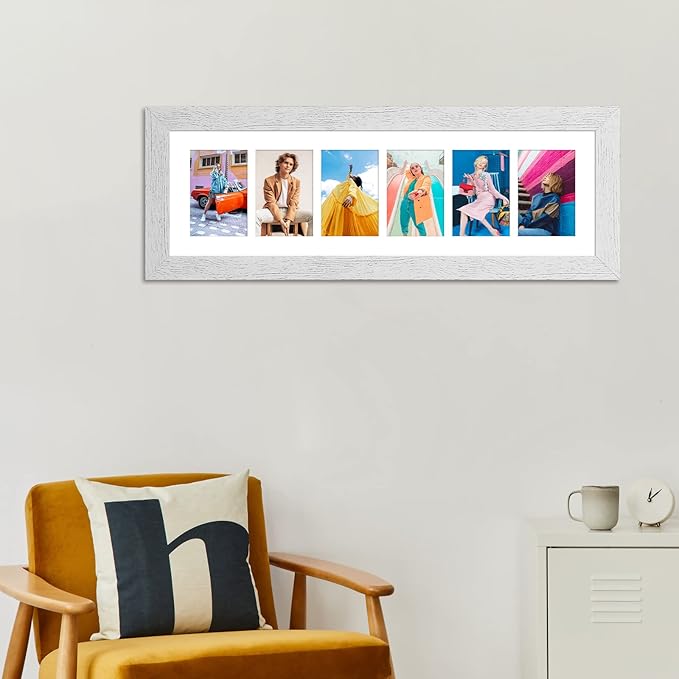 8x26 Picture Frame Display 6 opening 4X6 Picture Frame Collage,Multi Photo Frame with Mat,Plexiglass,Wall or Tabletop Decor,Distressed White Wood Grain