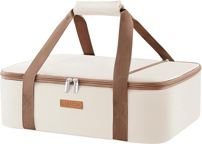 LUNCIA Insulated Single Decker Casserole Carrier, Lasagna Lugger Tote Keeps Food Hot or Cold, Thermal Lunch Bag for Potluck Parties, Picnic and Cookouts, Fits 9" x 13" Baking Dish, Cream