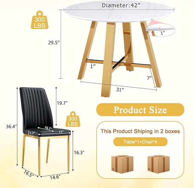 Round Dining Table Set for 4, Modern Kitchen Dining Table Chairs Set for 4, 42" Faux Marble Dining Room Table Set & 4 PU Leather Chairs for Kitchen Living Office Cafe Small Space