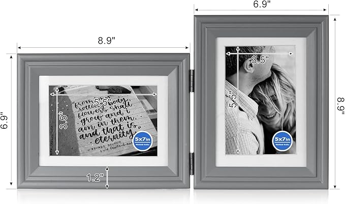 5X7 Double Wooden Hinged Picture Frame Horizontal and Vertical in Gray, Display 4x6 with Mat or 5x7 without Mat, Folding Photo Frame with Real Glass Front for Tabletop X2-HUI-HS57
