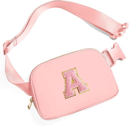 Gitus Belt Bag Fanny Pack Crossbody Bags with Initial Letter Patch Cute Stuff Birthday Gifts for Teenager Girls Trendy Preppy Stuff for Teen Girls Cool Stuff for Teens (Light Pink-A)