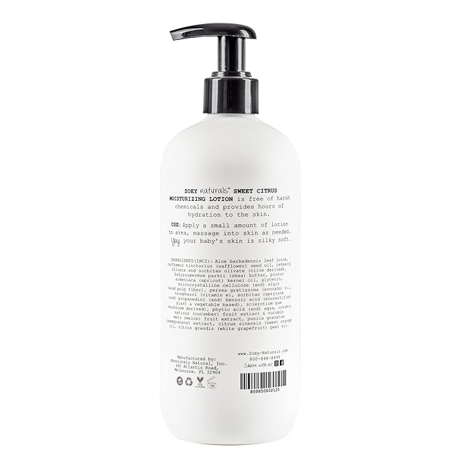 Zoey Naturals Sweet Citrus Baby Lotion - Enriched with Shea, Apricot Oil, Aloe & Avocado - Soothes & Moisturizes with Orange & Pomegranate - Gentle for Eczema Skin, Made in USA