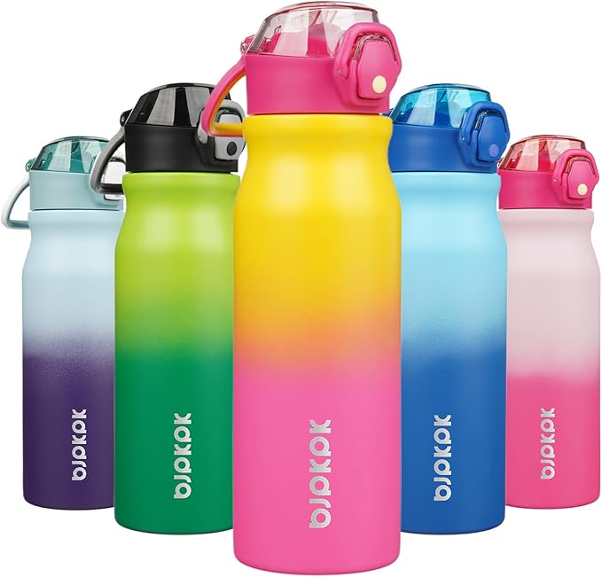 BJPKPK 25oz Insulated Water Bottle with Straw Stainless Steel Double Wall Water Bottles BPA Free Leak Proof Thermal Flask with Lockable Flip Lid and Soft Silicone Spout,Rainbow