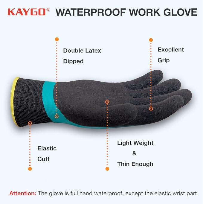 KAYGO Waterproof Work Gloves for Men and Women, Rubber Coated Non-slip Working Gloves for Garden, Outdoor Construction,KG150, Blue, L