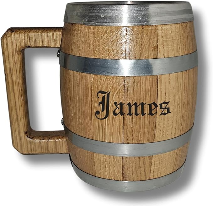 Personalized Oak Wood Barrel Beer Mug Tankard with Stainless Steel Interior - Classic Design - A Gift for Beer Lovers, Man Caves, Birthdays, and Special Occasions