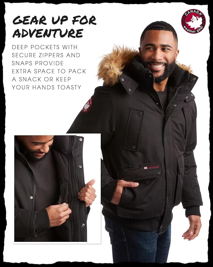 CANADA WEATHER GEAR Mens Winter Bomber Jacket - Heavyweight Winter Coats Weather Resistant Faux Fur Hood Insulated Ski Jacket